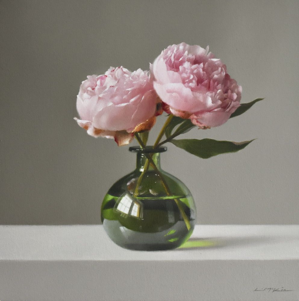 Two Peonies in Green Glass Bottle